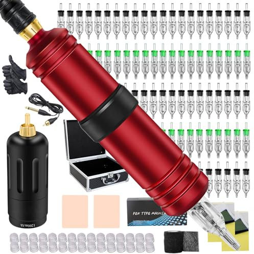Unihuby Tattoo Maschine Set Kabellose, Wireless Tattoo Maschinen Set 20pcs Cartridge Nadeln Rotary Pen Maschine Mit Tattoo Übungshaut Transferpapier Set