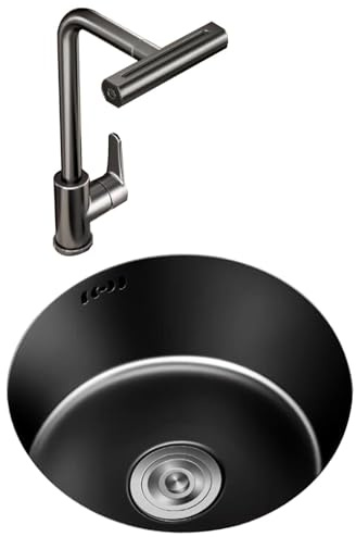 Black Small Size Round Sink Bar Counter Space-Saving Single Slot Stainless Steel Kitchen Siphon Sink with Faucet Undercounter Mini Wash Basin(30.5 * 30.5 * 18cm)