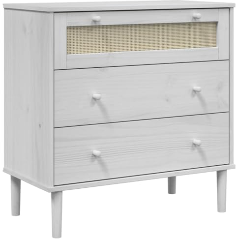 vidaXL Schubladenkommode, Sideboard Rattan-Look, Kommode mit 3 Schubladen für Wohnzimmer, Schubladenschrank Anrichte Schrank, Weiß Massivholz Kiefer
