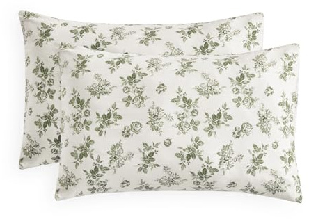 Wake In Cloud - Cottagecore Pillow Cases, Floral Shabby Chic Vintage Flower Shabby Chic Coquette Aesthetic, Set of 2 Soft Pillowcases Pillow Shams Covers, Sage Green, Standard Size 20x26 Inches