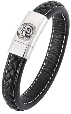 Beydodo Leder Armbänder für Männer mit Gravur, Armband Herren 12MM Buddha Charms Armbänder mit Magnetverschluss Partnerarmband Schwarz 20.5CM