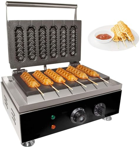 WDHECC 6pcs Waffle Stick Maker, Commercial Corn Dog Waffle Maker Machine Hot Dog Cheese Stick Press Iron, 50-300℃ Temp Control, Stainless Steel French Muffin Cooker with Timer
