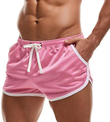 AIMPACT Mens Mesh Shorts Retro 3 Inch Sexy Side Split with Pockets Athletic Workout Running Booty Short Shorts Pink