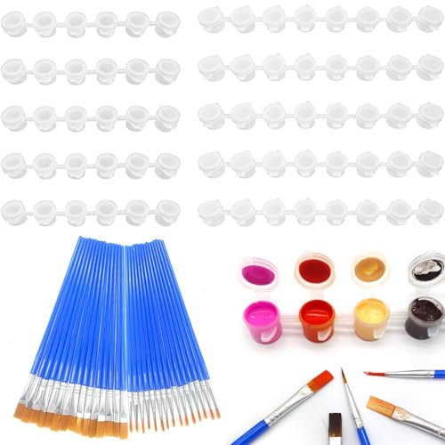 Annickee 40 Pcs Paint Brushes Set, 30 Pcs Paint Brushes for Detail Painting & 10Pcs 3ml Empty Paint Pots Strips, Acrylic Mini Paint Container with Lids, for Student, Art, School