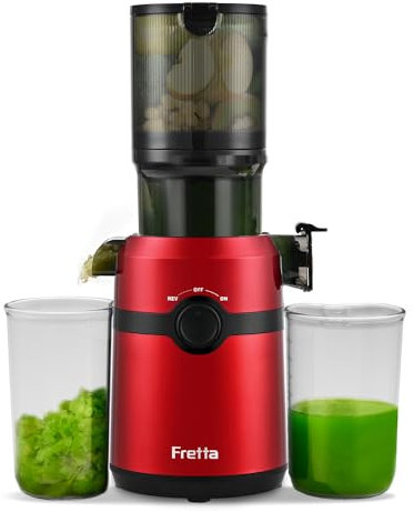 Fretta Extractor de Zumos y Verduras, Apertura de 108MM y Capacidad de 1L, Licuadora Prensado en Frio para Frutas Enteras, 200W Slow Juicer Machine, Montaje y Limpieza Rápidos, Sin BPA(Rojo, 1L)