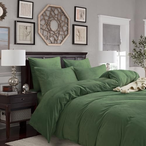 Gezu Set di biancheria da letto invernale in caldo piumino, 220x200 cm, verde scuro, doppio lato, copripiumino in flanella di cashmere, pile, tocco di peluche, tessuto caldo e velluto, con chiusura