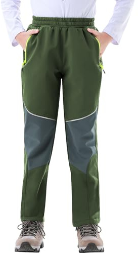 Zoofly Pantalon de Ski pour Enfants Pantalon Thermique Imperméable en Softshell pour Garçons et Filles Doublé de Polaire Chaude, Vert/Gris 116-122