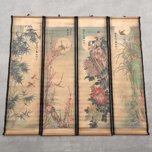 STSTS Antikes chinesisches Rollbild-Set, 4-teilig/Set, antikes Rollbild, Blumen- und Vogelmuster, Paravents, hängendes Gemälde, Dekor