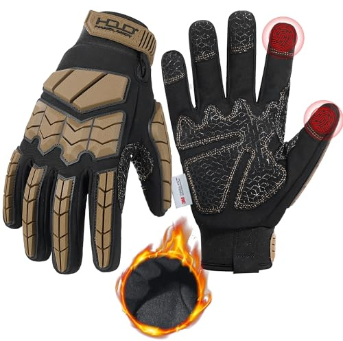 HANDLANDY Winter Water Resistant Work Gloves for Men, Padded Thermal Insulated Heavy Duty Impact Glove for Cold Weather (Tan-insulated, XL)