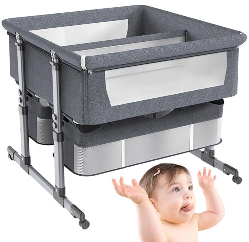 STRTG Babybett Für Zwillinge,Baby-Nachttisch,Kinderbett Mit Aufbewahrungskorb,Tragbares Babybett Mit Wiege,6-Fach Höhenverstellbarer Nachttisch Gegen Erbrechen Gray