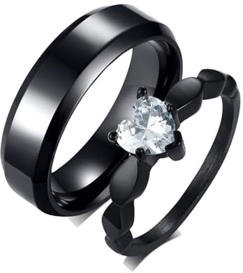 Calefee Ringe Edelstahl Partnerringe, Verlobungsringe Paar 2 Set Schwarzer Ring 6 mm Herz Zirkonia, Damen Größe 52 und Herren Größe 54