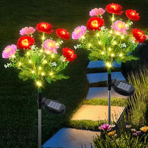 Fohil Luces Solares Exteriores 2 Piezas, Luces Jardin Solares Exterior,2 Modos Lámpara Solar Impermeable de Flores con 70 LEDs, Decoraciones de Jardín, Césped, Patio, Sendero