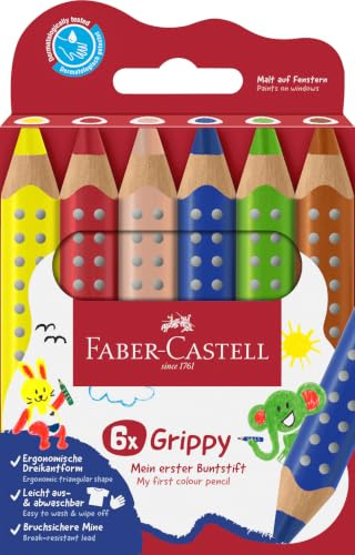 FABER-CASTELL - Buntstifte Set Grippy 6 Malstifte für Kleinkinder | Dicke Farbstifte 3-in-1 mit 10 mm Mine und ergonomischer Dreikantform, leicht abwaschbar