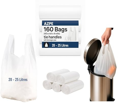 160 Tie Handle Bags, Fits Pedal Bin Liners 15L - 25L, Swing Bin Liners, Waste Bags for Home, Kitchen, Bathroom, White scent free, muti uses (40 bags a roll x 4)