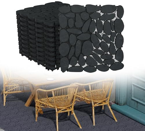 YRHome 11 Stück Marmor Steinteppich Terrassenfliesen 30x30 cm – 1 m² Bruchstein Mosaikfliesen Bodenbelag | Wetterfeste Fliesenmatten mit Drainage für Balkon & Terrasse (Schwarz Geschnitten)