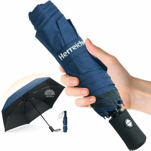 Herreicher Paraguas de viaje automático - compacto plegable portátil protección UV paraguas ligero 98cm de envergadura 6 costillas 210T UPF50+ para adultos y niños, negro (azul)