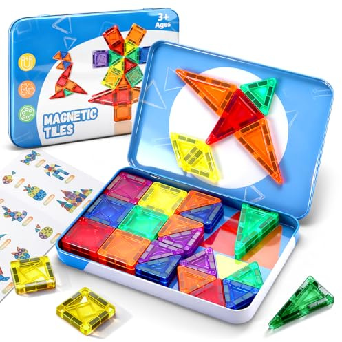 CS COSDDI Magnetic Tiles Travel Toys Set, 42PCS Mini Magnetic Blocks with Iron Case STEM Montessori Travel Toys for Boys & Girls 3+ Year Old Plane Activities for Kids