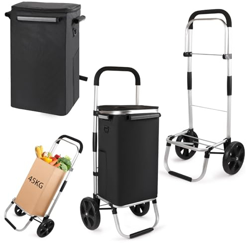 SISKEYCOOC 42L Einkaufstrolley klappbar mit Rollen, Großer Einkaufswagen mit Deckel, Klappbarer Trolley zum Einkaufen, Shopping-Trolley Einkaufstasche, Ideal für Supermarkt, Reise & Transport