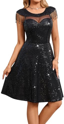 Cololura Women Sexy Sequin A-Line Cocktail Mini Dress - Sheer Mesh Patchwork Fringe Short Club Party Night Evening Gown Black