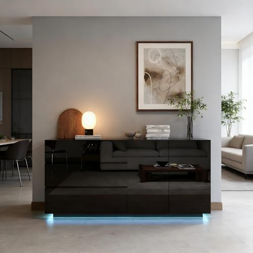 DAHUEN Buffet Noir Brillant avec LED, Buffet Salle a Manger avec 2 Portes, 3 tiroirs, Buffets Noir TV, Buffets de Cuisine, Commode Chambre, 35x160x76 cm(Noir/2)