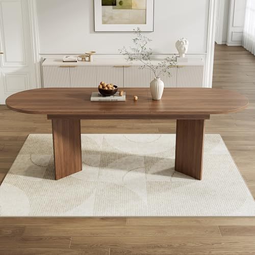 Merax Extendable Dining Table 160/200 x 90 cm,Walnut, Rounded Corner Design, Sturdy Thickened Top, Adjustable for 6-8 People, Modern Dining Table for Living Room, Kitchen, and Dining Room
