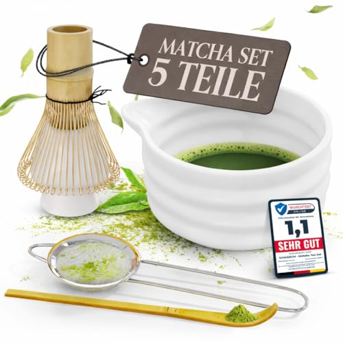 Matcha Set Weiß 5-teilig Schale mit Ausgießer und [EXTRA ROBUSTEM] Matchabesen Spülmaschinenfest Macha Tea Set für Starter Matcha Besen, Bambus Löffel, Chasen,Whisk, Matchaschalen (Elfenbeinweiß)