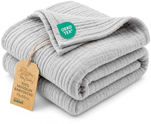 Babyfilt sommar tunn muslinfilt 75 x 60 cm - lätt andningsbar filt bomull barnvagn vagn – solskydd nyfödd baby spädbarn mjuk resefilt babylift flicka pojke present Oeko-Tex Grå
