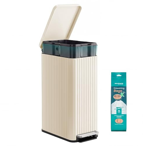SONGMICS Soptunna kök, 50 L avfallshink med pedal, pedalhink med lock, softclose, uttagbar innerhink, i stål, 15 soppåsar, krämvit LTB350LZ02