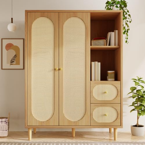 Merax Kleiderschrank Landhausstil Eiche 161x120x44 cm – Vintage Holz Schrank mit Rattan, 2 Türen, 2 Schubladen, offene Regale & Kleiderstange – Begehbarer Kleiderschrank/Garderobenschrank