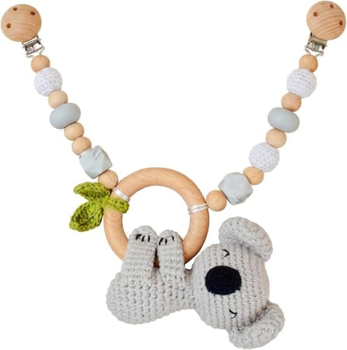 Herfair Kinderwagenkette Holz & Silikon mit Häkel-Koala, Kinderwagen Spielzeug & Baby Mobile Kette für Babyschale, Kinderbett, Autositz, Spielbogen Anhänger Geschenk zur Geburt
