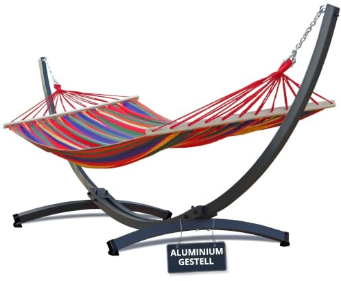 Potenza Outdoor Hängematte mit Tytan Gestell für 2 Personen I Stabhängematte XXL 220x160, 200kg I Hängemattengestell 350 kg Wetterfest (5 Aluminium Gestell Graphit, Rot)