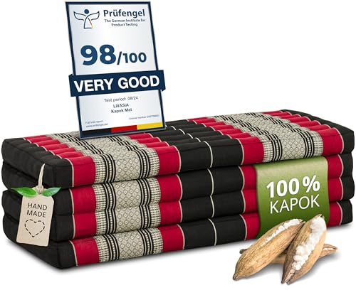 livasia Nachhaltige Klappmatratze aus Kapok - 200x110x8cm - breite Gästematratze, Faltbare Matratze, ökologische Yogamatte, klappbares Gästebett, Liege für Garten und Balkon (Schwarz/Rot)