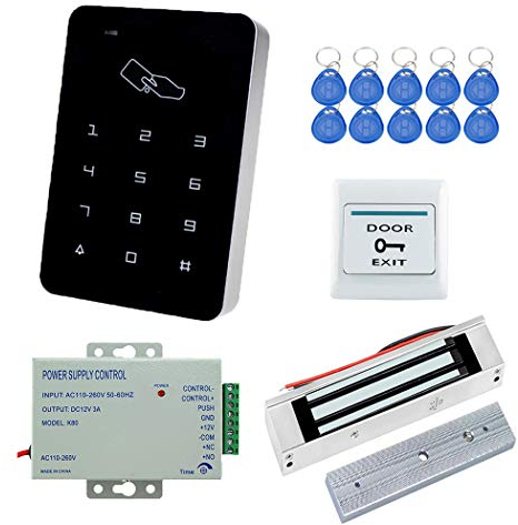 YAVIS Full Set Door Entry Access Control System Kit Controller Keypad 125KHz Reader + 180kg / 350lbs Electric Magnetic Lock + DC12V Power Supply+Exit Button+10pcs RFID Key fobs