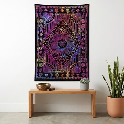 THE ART BOX Purple Mandala Sun and Moon Wall Tapestry – Celestial Cotton Wall Hanging for Bedroom Decor