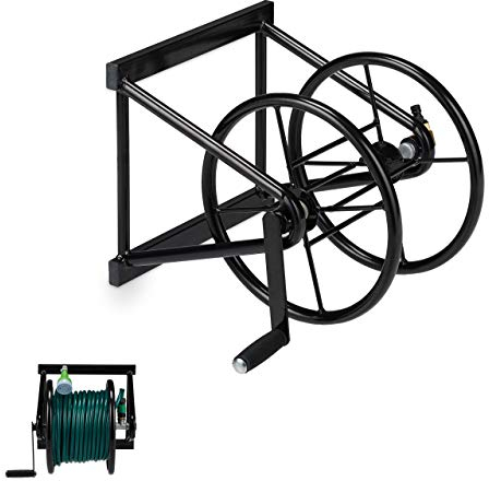 Relaxdays Carrete de Pared para mangueras, Enrollador con manivela de Mano, para 60 m, Acero, 36x53x50 cm,1 Ud., Negro