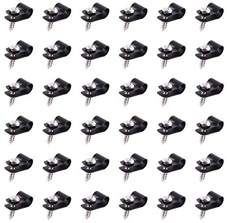 Swpeet 60 Pack Black 1/4 Inch Nylon Plastic R-Type Cable Clips Clamp Kit, Nylon Screw Mounting Cord Fastener Clips with 60 Pack Screws for Wire Management