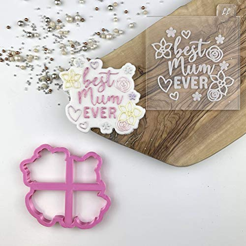 LissieLou Best Mum Ever with Flowers Style 2 Cookie Cutter and Embosser Mother's Day Love Heart Icing Stamp Fondant Embosser - Light Pink/Clear