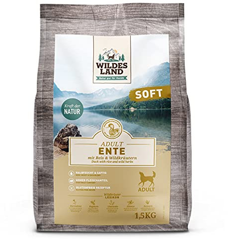 Wildes Land - Halbfeuchtes Trockenfutter für Hunde - Ente - 1,5 kg - Soft mit Reis und Wildkräutern - Glutenfrei - Extra viel Fleisch - Für alle Hunderassen - Beste Akzeptanz