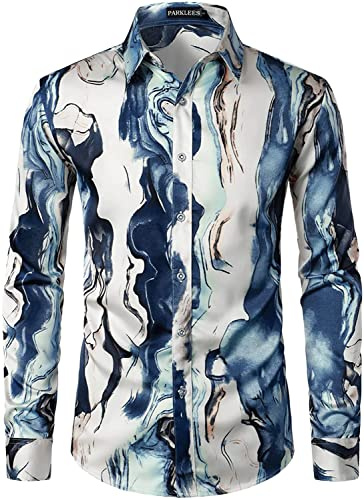 PARKLEES Men's Hipster Silk Printed Slim Fit Long Sleeve Button Up Satin Dress Shirts Beige M