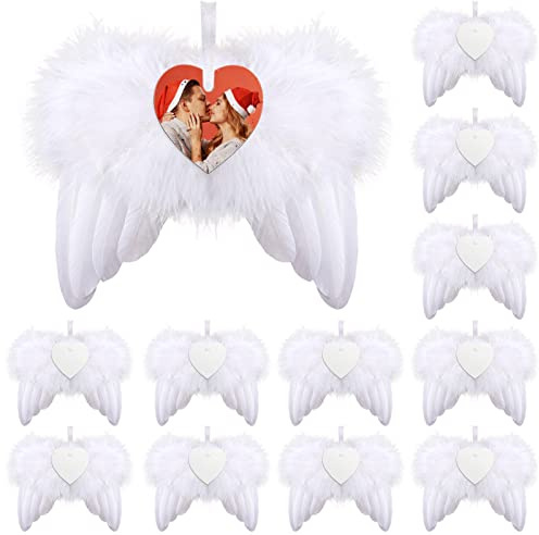 Christmas White Angel Wings Ornament Hanging, Feather Hanging with Sublimation Blanks Heart Ornaments for DIY Christmas Tree Crafts Angel Wings Memorial Gifts Xmas Party Decor, 12pcs
