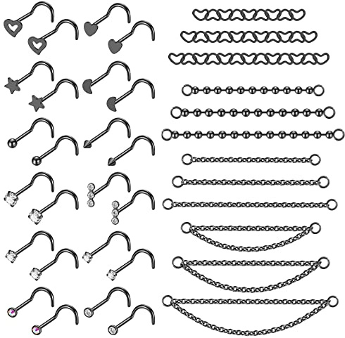 YOVORO 20G Stainlesss Steel Nose Rings Stud Nose Chain Piercing Across Double Nose Stud Womens Nostril Piercing Jewelry Black S