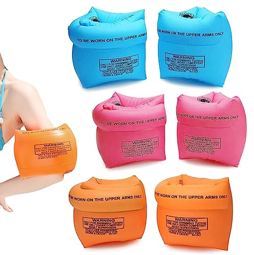 TSHAOUN 3 Pairs Inflatable Swimming Armbands for Kids Adults, Swimming Arm Bands Inflatable Arm Bands Float Roll up Sleeves Swimming Ring, Learning Swim Training Aids, 3 Colors(Orange,Blue,Pink)