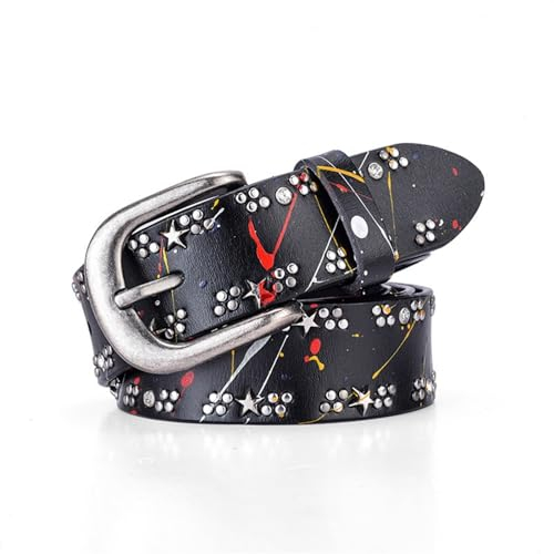 MeiDai Damengürtel 3,5 cm Modedesigner bunter Nietengürtel Damen Ledergürtel Vintage Damengürtel for Jeans (Size : 110, Color : Schwarz)