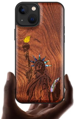 Carveit Bois Etui pour iPhone 13 Magnétique Coque, Incrustation de Coquille Protection de Téléphone Antichoc Compatible avec Apple 13 Étui Magsafe (Rosé-Statue de la Liberté)