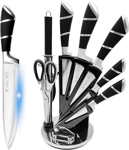 Küchenmesser-Set,9-Stücke Rosa Sharp Non-Stick beschichtet Chef Messer Block Set, Edelstahl Messer Set für Küche mit Schärfer zum Schneiden Schneiden Würfeln Hacken (Schwarz)