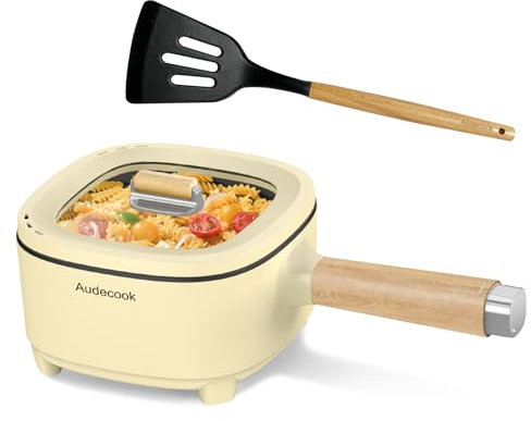 Audecook - Olla eléctrica de 2 litros, de cerámica antiadherente de 8 pulgadas, sartén eléctrica multifunción para recámara, hogar, oficina, viajes, hotel, con doble ajuste de potencia (beige)