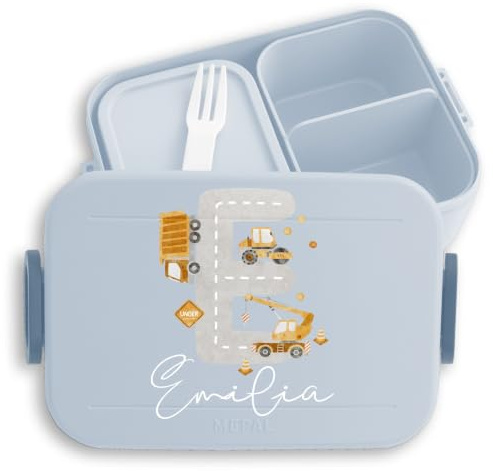 Kinder Bento Box Midi Lunchbox für Mepal Bentobox - Initialen - Anfangsbuchstabe anpassbar Buchstabe Wunschname Name mit Straße Fahrzeugen - 900 ml - Hellblau - personalisierte brotdose buchstaben