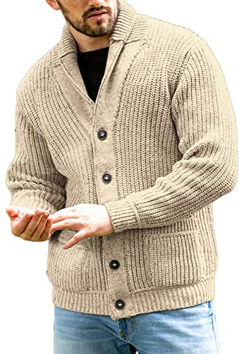 Runcati - Cardigan da uomo in maglia grossa con scollo a scialle, a maniche lunghe, abbottonatura, maglione casual, cachi, L