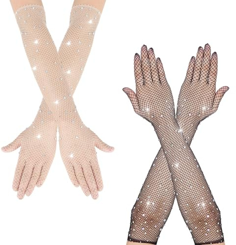 YanBous 2 Paia di Guanti Lunghi a Rete per Donne, in Fishnet Con Strass Scintillanti, da Opera per Feste in Costume Anni '80, Accessori Cosplay per Halloween (Nero/Bianco)