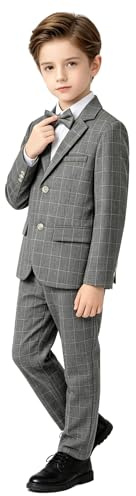 LOLANTA 3-teiliges Jungen Plaid Anzug Set, Eleganter Blazer für Hochzeits-Abschlussball, Formelle Kleidung Jacken-Hose-Fliege Set